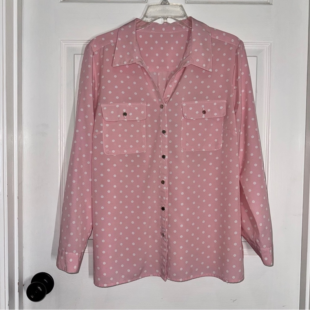 Pink Polka Dot Button-Front Utility Blouse with Silver Buttons and Chest Pockets - Picture 2 of 10